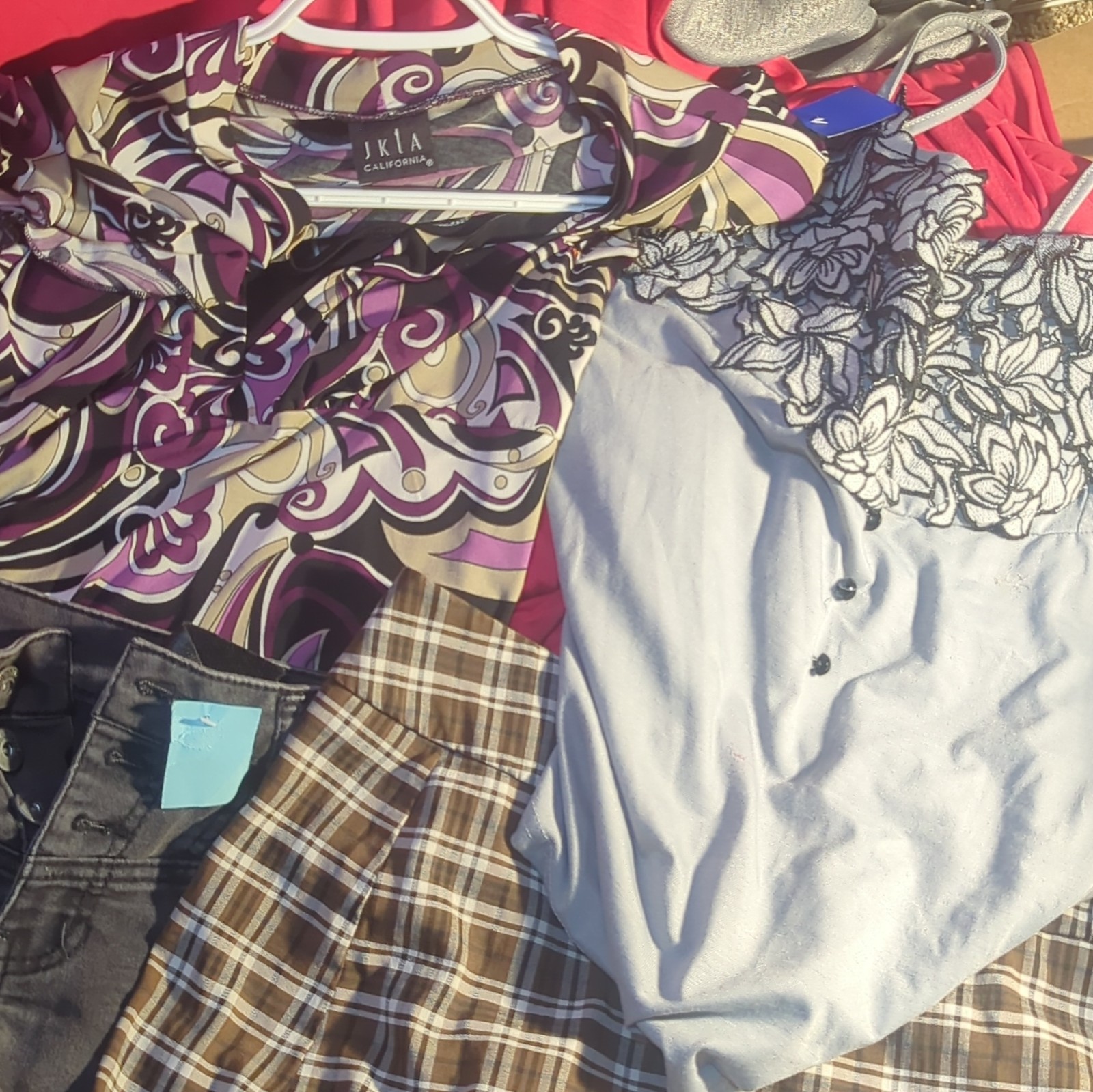 JKLA California Top, Blue Spice Shorts, Fumblin&rsquo; Foe Plaid Skirt Lot Size 5