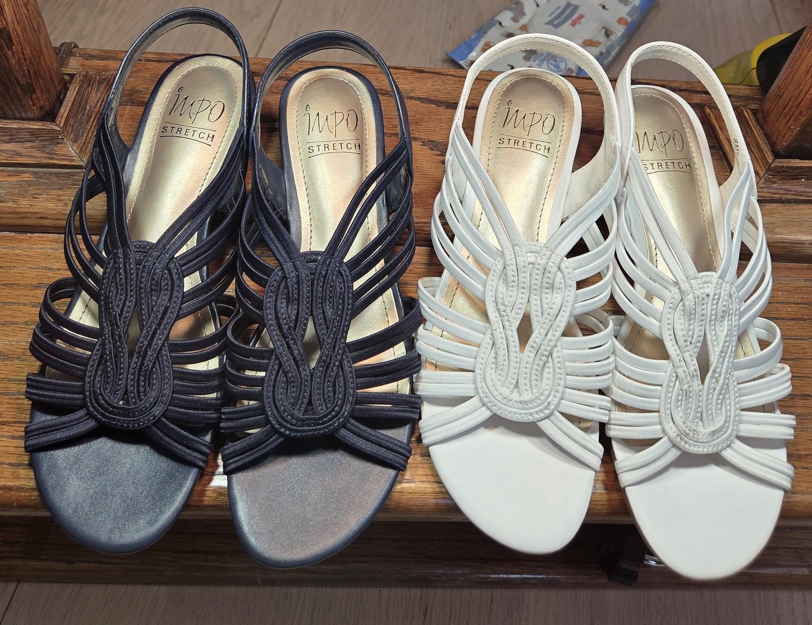 IMPO Stretch Regina Womens Sandals Size 8M Navy Blue White Strappy Wedge