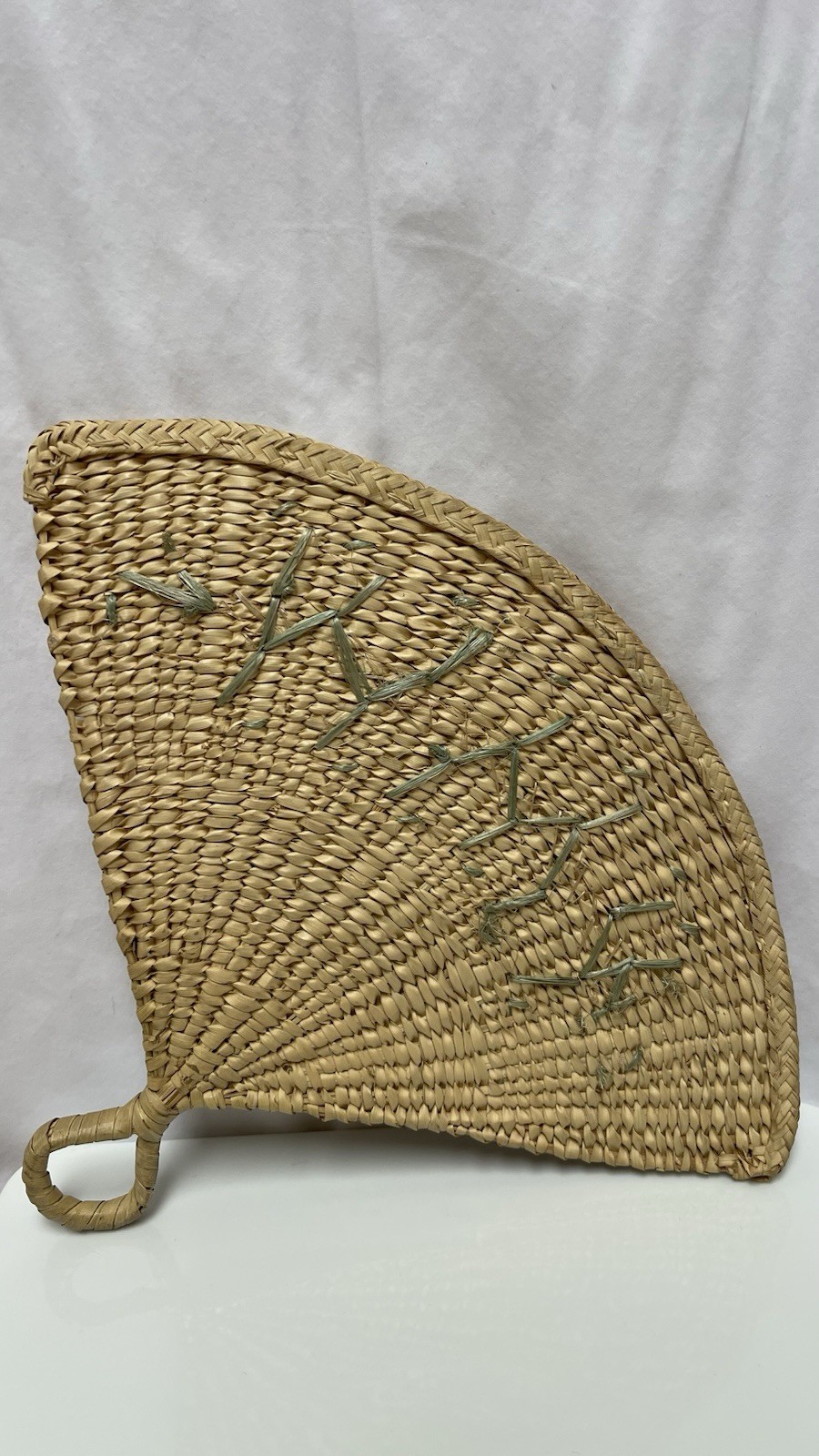 Hand Woven Natural straw Fan W Palm Leaf Flowers Small Loop For Holding